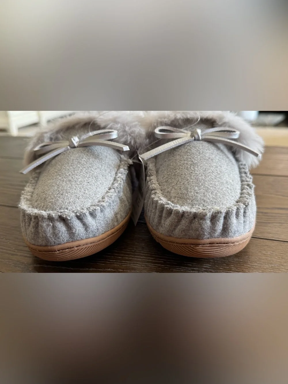 J. Crew Gray Faux-Fur Pom Moccasin Slippers with Tan Sole